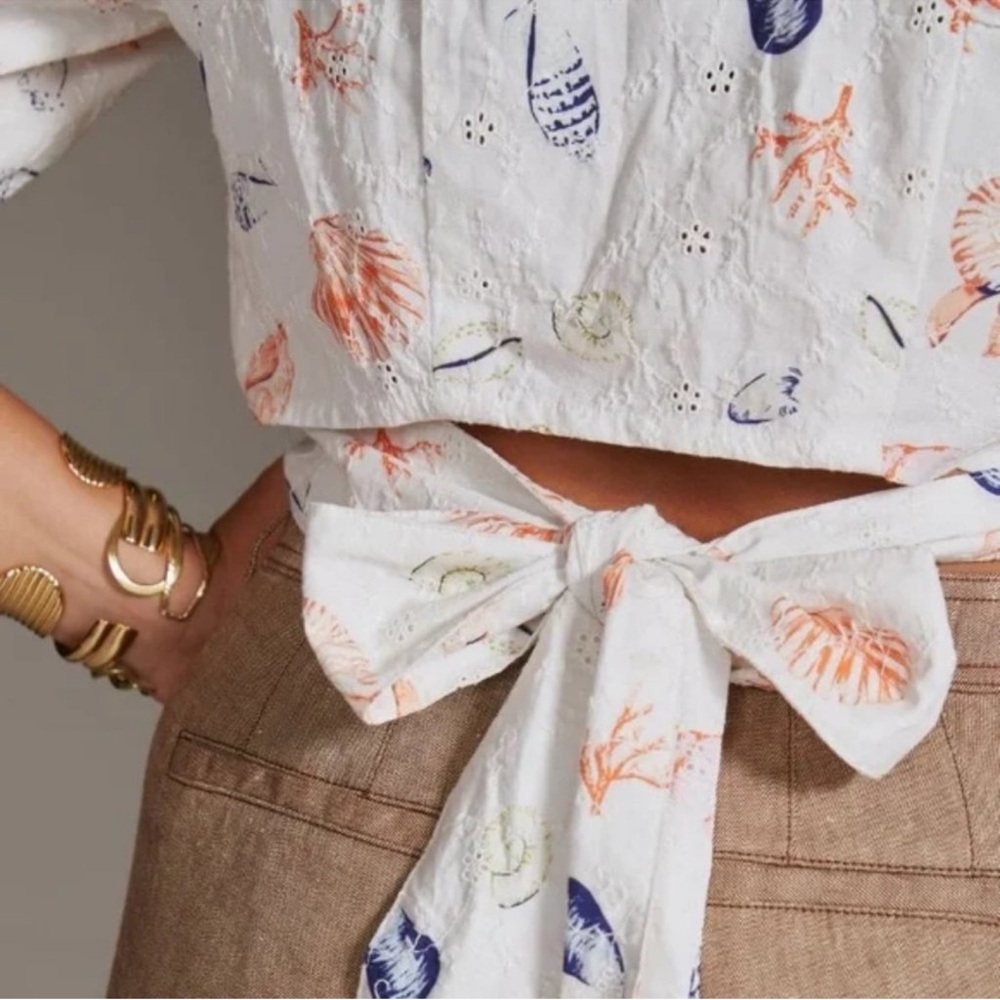 Anthropologie White and Orange Pajama Set with Whimsical Design Seashells Sea M2 - Picture 9 of 10